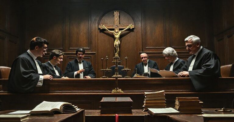 Obraz przedstawiający spór między młodymi neo-sędziami a tradycyjnymi sędziami w sądzie polskim, symbolizujący chaos prawny wynikający z postkoncyliarnych reform.