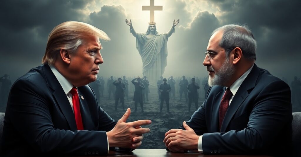 Obraz przedstawiający napięte spotkanie Donalda Trumpa i Benjamina Netanjahu na tle konfliktów geopolitycznych, z subtelnym nawiązaniem do nieobecności Królestwa Chrystusa.