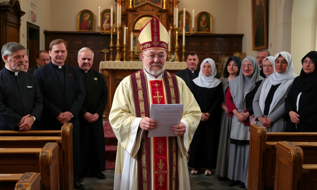 Solemnna scena w tradycyjnym wnętrzu kościoła katolickiego z biskupem w pełnym stroju liturgicznym stojącym przed ołtarzem ozdobionym świecami i ikonami religijnymi. Za nim grupa zaniepokojonych parafian, w tym mężczyźni i kobiety ubrani w skromne, tradycyjne stroje, słucha uważnie. Atmosfera jest pełna powagi i uroczystości, odzwierciedlając powagę sporu między Watykanem a niemieckimi biskupami dotyczącego 'błogosławieństw dla par kochających się'. Biskup trzyma list od kardynała Víctora Manuela Fernándeza, podczas gdy wyrazy parafian odzwierciedlają mieszankę niepokoju i determinacji w utrzymaniu nauk katolickich.