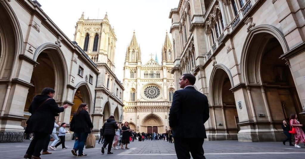 Wnętrze katedry Notre-Dame w Paryżu ze starymi witrażami Eugeniusza Viollet-le-Duca.