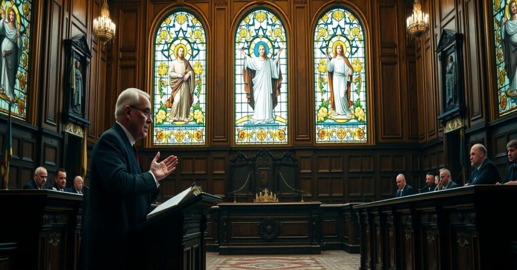 Tradycyjny katolicki salon sądowy z Boguckim i Śmiewą. W tle witraże z Chrystusem Królem.