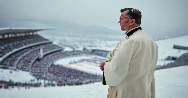 Ksiądz w tradycyjnych szatach liturgicznych stojący w śnieżnym krajobrazie z krzyżem w ręku, patrząc na stadion sportowy
