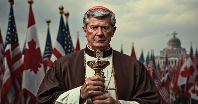 Katylicki biskup w tradycyjnych szatach stoi przed krajobrazem sporu handlowego między USA a Kanadą, trzymając krucyfiks z przybita twarzą, symbolizując duchową pustkę w polityce bez Chrystusa Króla.