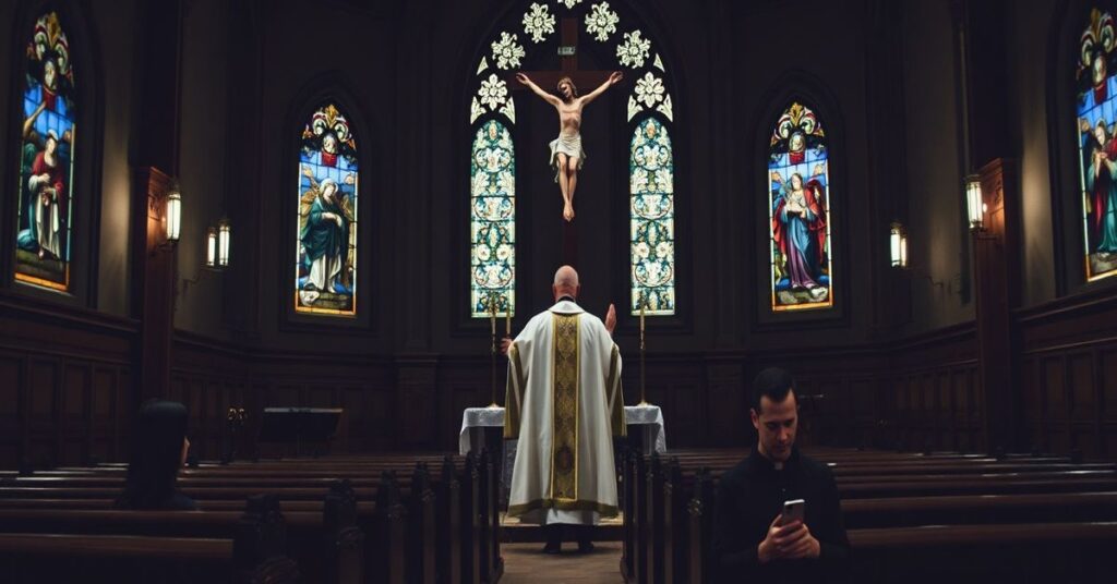 Wnętrze tradycyjnego kościoła z księdzem w ornatach i Ireną oraz Jerzym Grzybowskimi skupionymi na urządzeniach elektronicznych