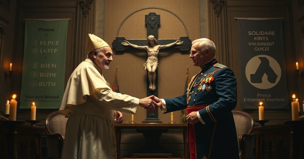 Tradycyjny katolicki obraz przedstawiający sedewakantystyczny pogląd na spotkanie antypapieża Leona XIV z księciem Monako Albertem II. Scena jest poważna i pełna symboliki katolickiej.