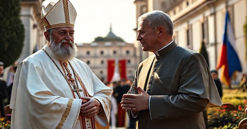 Obraz przedstawiający antypapieża Leona XIV spotykającego się z ukraińskim prezydentem Wołodymyrem Zełenskim w Castel Gandolfo 9 grudnia 2025 roku.