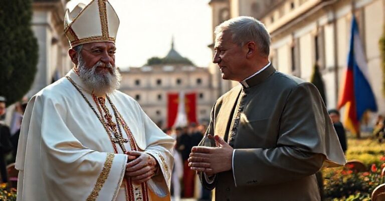 Obraz przedstawiający antypapieża Leona XIV spotykającego się z ukraińskim prezydentem Wołodymyrem Zełenskim w Castel Gandolfo 9 grudnia 2025 roku.