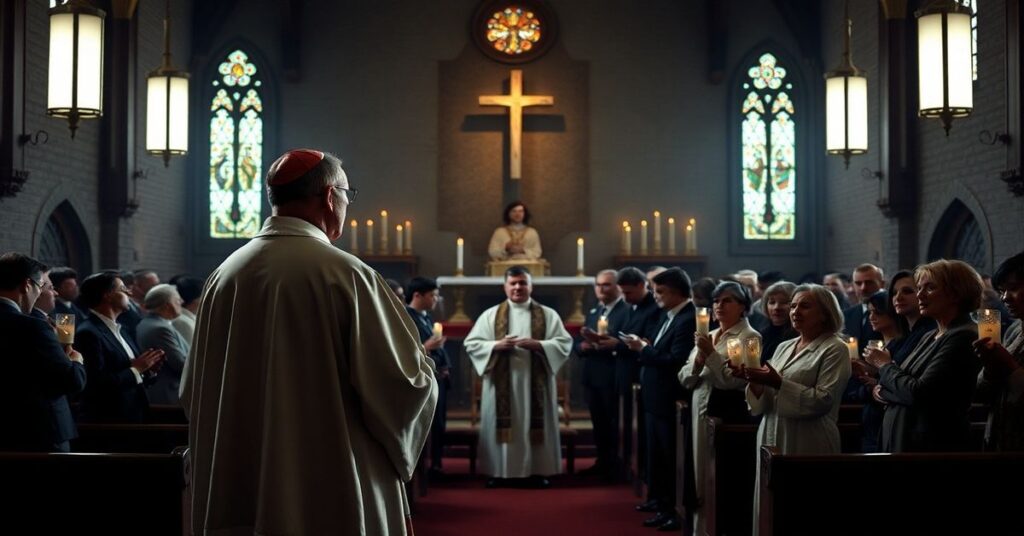 Zdjęcie przedstawiające przeciwieństwo tradycyjnego duchowieństwa katolickiego a nowoczesnymi uczestnikami spotkania Charis w Łodzi, symbolizujące duchową pustkę modernizmu.