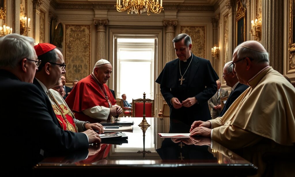 Obraz przedstawiający fałszywego papieża Leona XIV (Roberta Prevosta) i amerykańskiego sekretarza stanu Marca Rubia podczas spotkania dyplomatycznego w Watykanie.