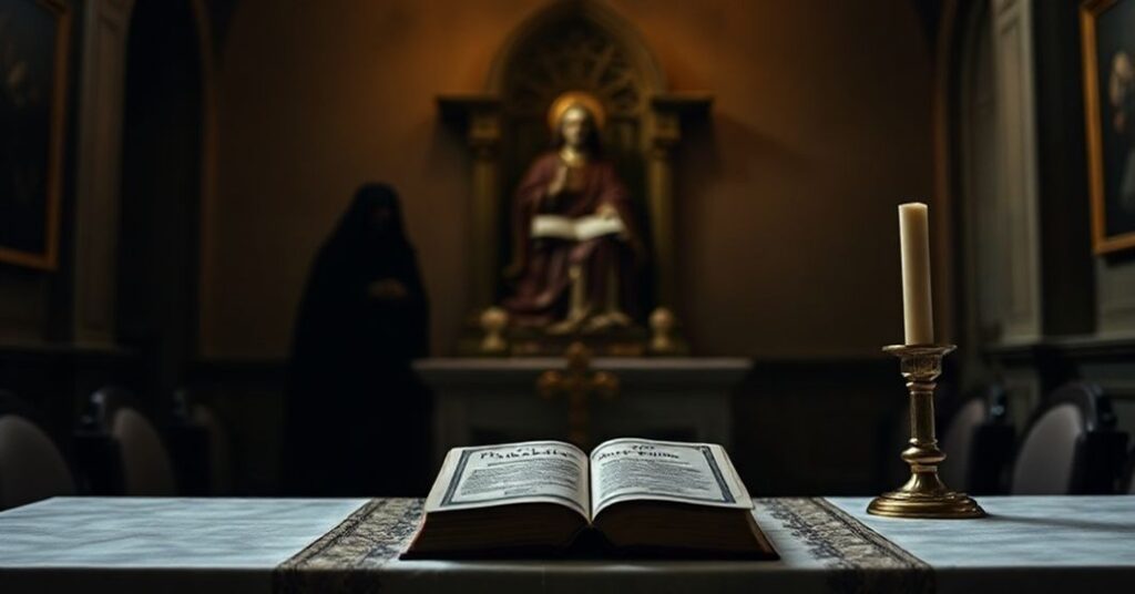 Sobór katolicki z perspektywy sedewakantystów, przedstawiający spotkanie abp. Antonio Giudo Filipazziego z paulistami w Warszawie. Scena podkreśla brak prawdziwego duchowego przewodnictwa i promowanie herezji modernistycznej.