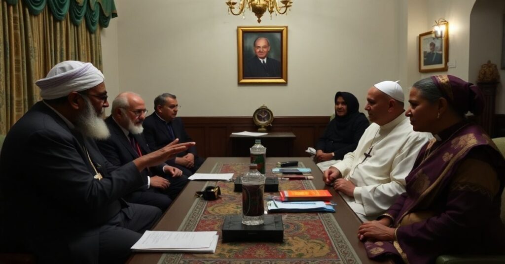 Spotkanie lidera islamistycznego z chrześcijańskimi przywódcami w Bangladeszu, symbolizujące ryzyko apostazji i fałszywych obietnic tolerancji religijnej.