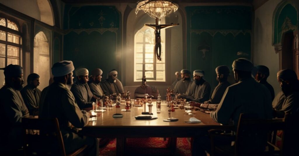 Spotkanie przywódcy islamistycznej partii z chrześcijanami w Bangladeszu. Tło z katolickimi symbolami i krzyżem.