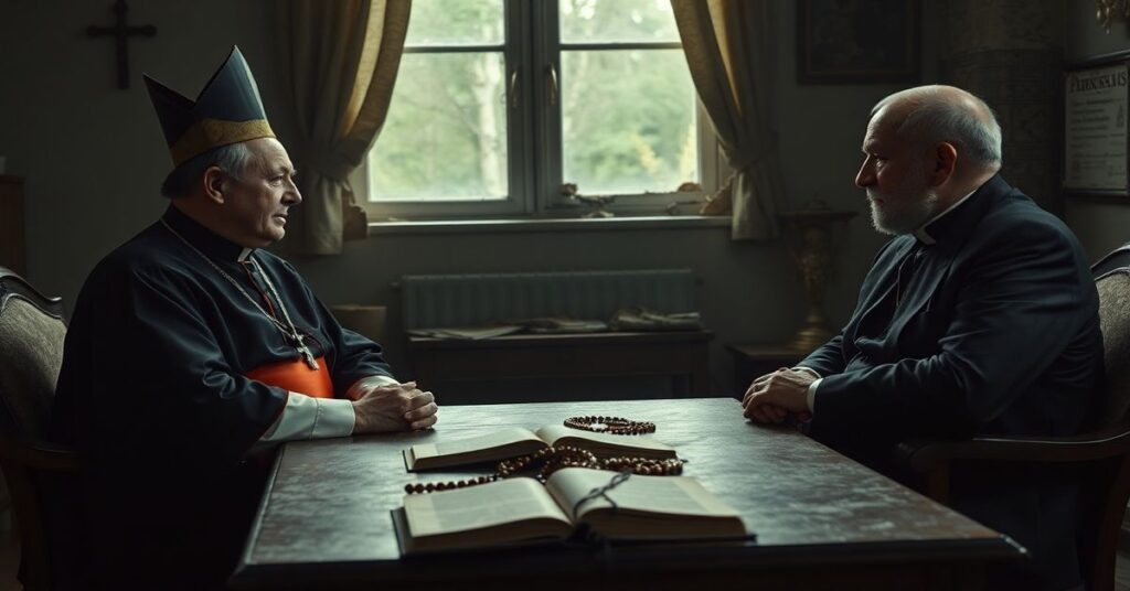 Obraz przedstawiający 'abp.' Józefa Kupnego i ambasadora Libanu Georges'a Fadeha podczas spotkania we Wrocławiu w 2026 roku, na tle konfliktu na Bliskim Wschodzie.