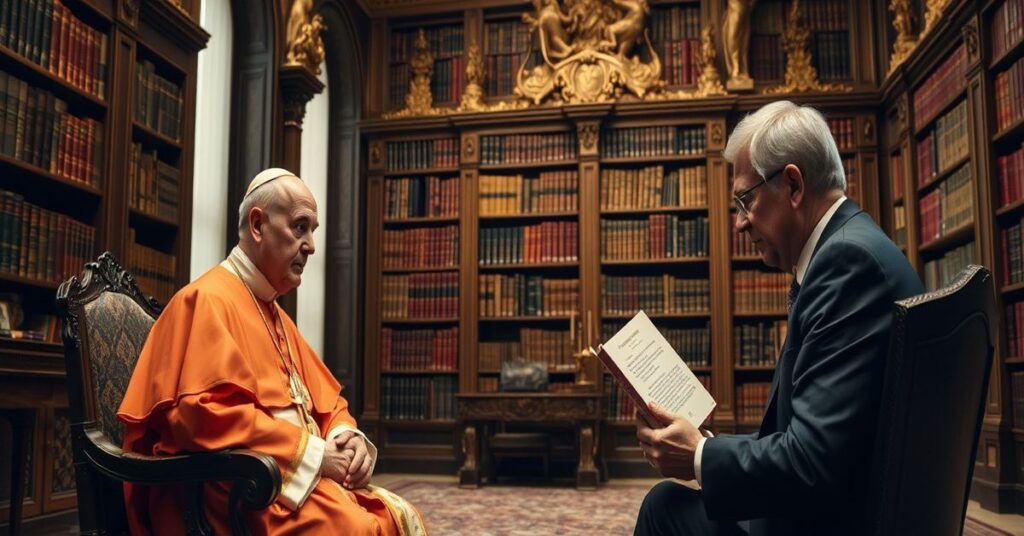 Spotkanie uzurpatora Leona XIV (Roberta Prevosta) z dziennikarzem Gareth’em Gore’em w Bibliotece Apostolskiej w Watykanie 16 marca 2026