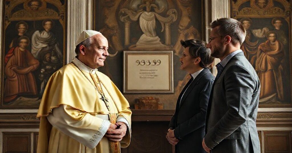 Zdjęcie przedstawiające spotkanie „papieża” Leona XIV z parą homoseksualną w Watykanie.