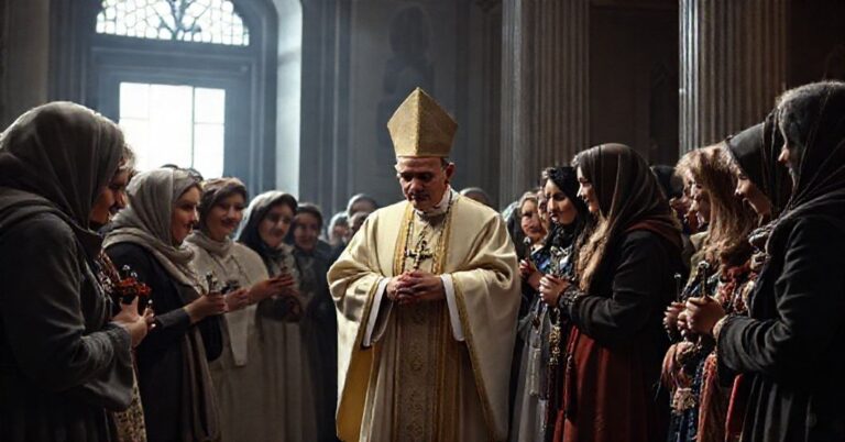 Obraz przedstawiający sedewakantystyczny punkt widzenia na spotkanie fałszywego papieża Leona XIV z ukraińskimi ofiarami wojny w Watykanie.