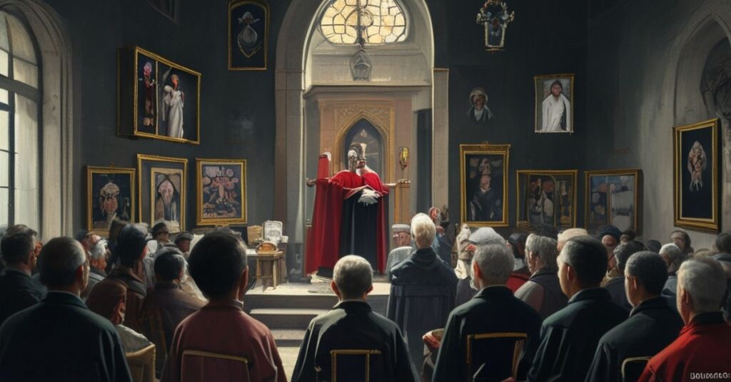 Scena z artykułu o spotkaniu medycznym z abp. Adrianem Galbasem - tradycyjne katolickie tło kontrastujące z nowoczesnymi elementami.