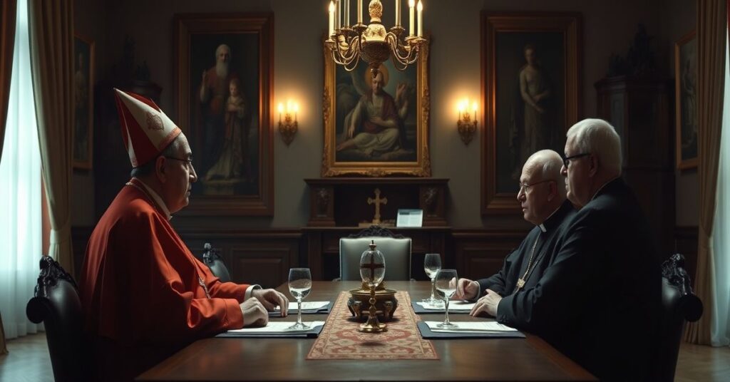 Zdjęcie przedstawiające spotkanie kardynała Víctora Manuela Fernándeza i ks. Davide Pagliaraniego w Watykanie na tle tradycyjnych artefaktów katolickich.
