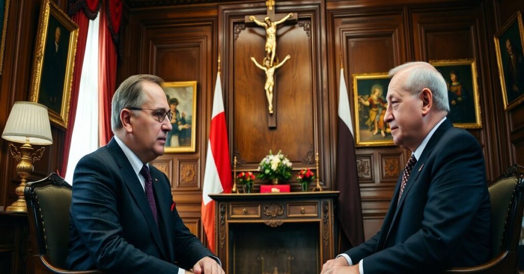 Obraz przedstawiający spotkanie prezydenta Karola Nawrockiego i ministra spraw zagranicznych Radosława Sikorskiego w tradycyjnym salonie rządowym. Scena jest oświetlona naturalnym światłem i uwypukla powagę dyskusji na temat nominacji dyplomatycznych.