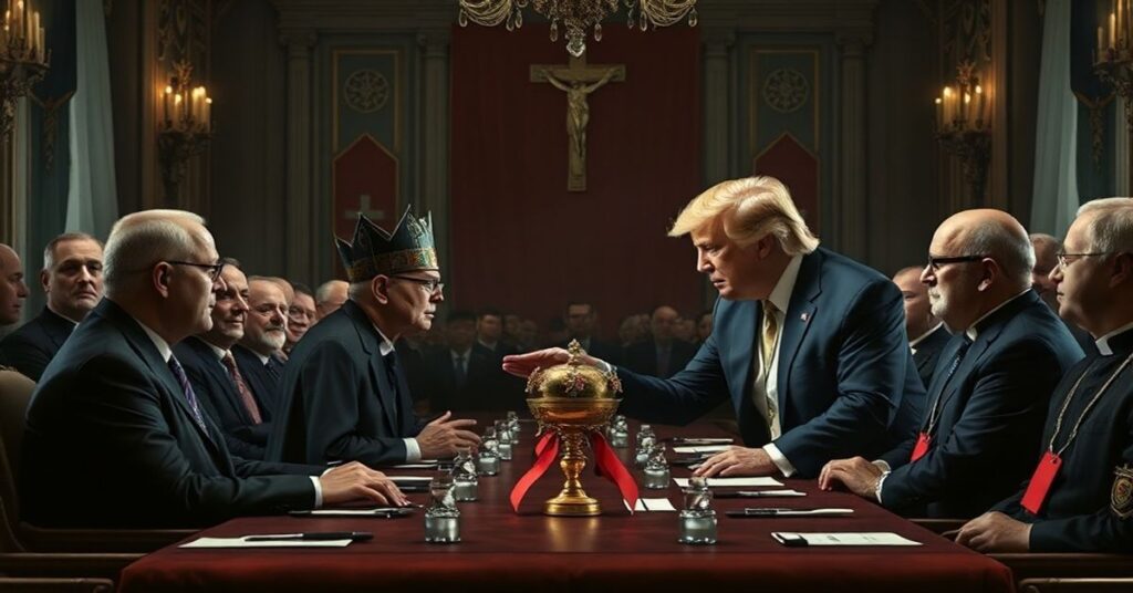 Obraz przedstawiający spotkanie Karola Nawockiego z Donaldem Trumpem w Dawos w kontekście odrzucenia królewskiej władzy Chrystusa