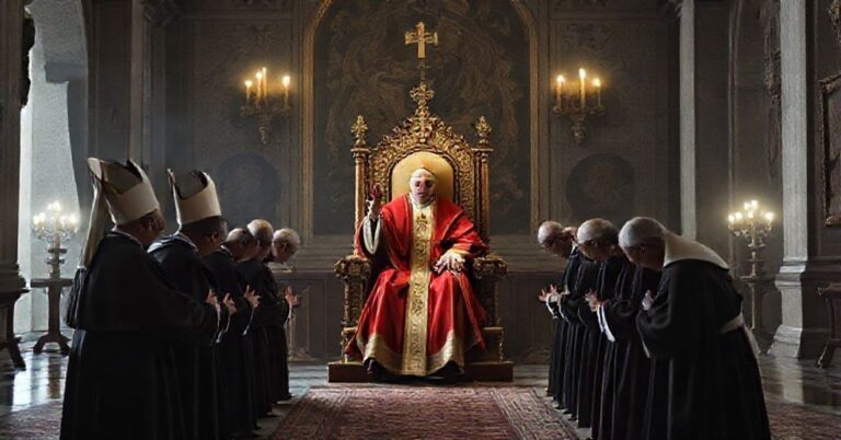 Zdjęcie przedstawiające spotkanie neo-konkiliarskich hierarchów (abpa Tadeusza Wojdę, abpa Józefa Kupnego i bp. Marka Marczaka) z antypapieżem Leonem XIV w watykańskiej sali. Scena symbolizuje apostazję i fałszywe zaufanie wobec uzurpatora.