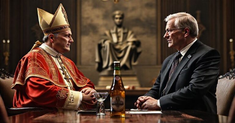 Obraz przedstawiający niezgodnego z prawdziwym Kościołem "papieża" Roberta Prevosta i gubernatora Pritzkera podczas spotkania w atmosferze apostazji i profanacji