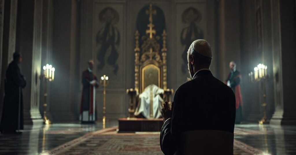 Obraz przedstawiający pusty stół papieski w Watykanie z modlącym się biskupem sedewakantystą na pierwszym planie i postacią premiera Węgier Viktora Orbána rozmówcą z nowoczesnymi duchownymi w tle.