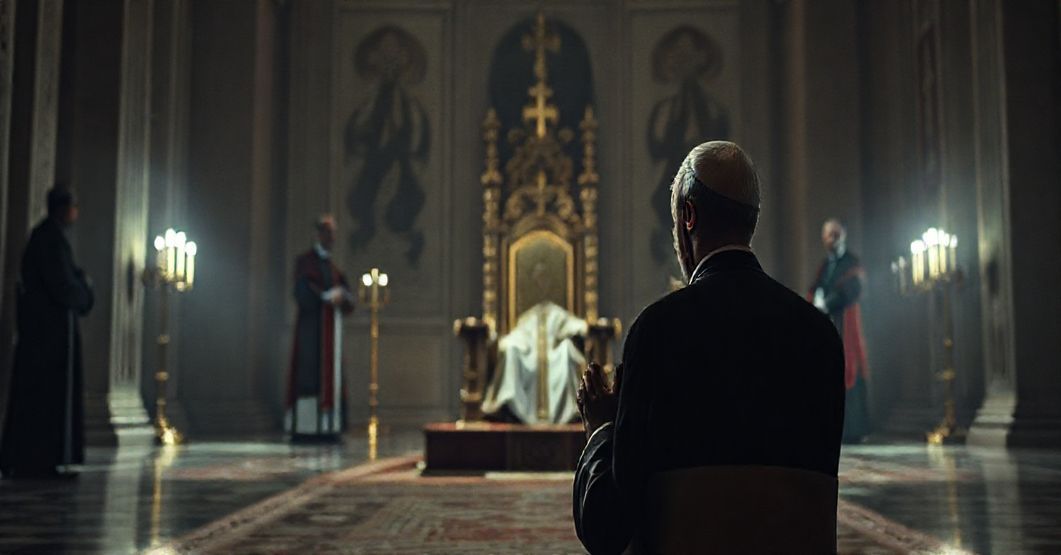 Obraz przedstawiający pusty stół papieski w Watykanie z modlącym się biskupem sedewakantystą na pierwszym planie i postacią premiera Węgier Viktora Orbána rozmówcą z nowoczesnymi duchownymi w tle.