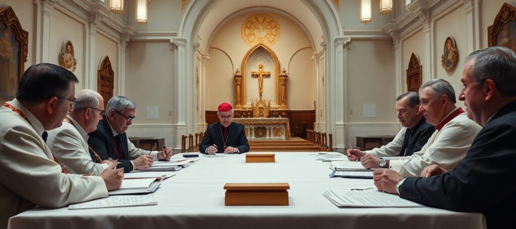 Zdjęcie przedstawiające spotkanie Rady Prawnej Konferencji Episkopatu Polski w Pelplinie pod przewodnictwem Ryszarda Kasyny. Na obrazie widoczne są dokumenty i akta prawnych, w tle pusty kościół symbolizujący brak duchowego przywództwa.