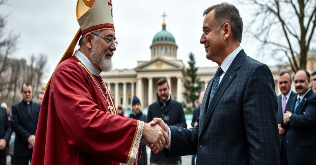 Solemne spotkanie "Arcybiskupa" Światosława Szewczuka z burmistrzem Kijowa Witalijem Kliczką w tłu modernnego budynku miejskiego.