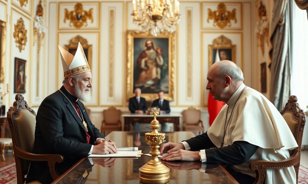 Obraz przedstawiający spotkanie uzurpatora Leona XIV i premiera Donalda Tuska w opulentnym pokoju bez symboli religijnych