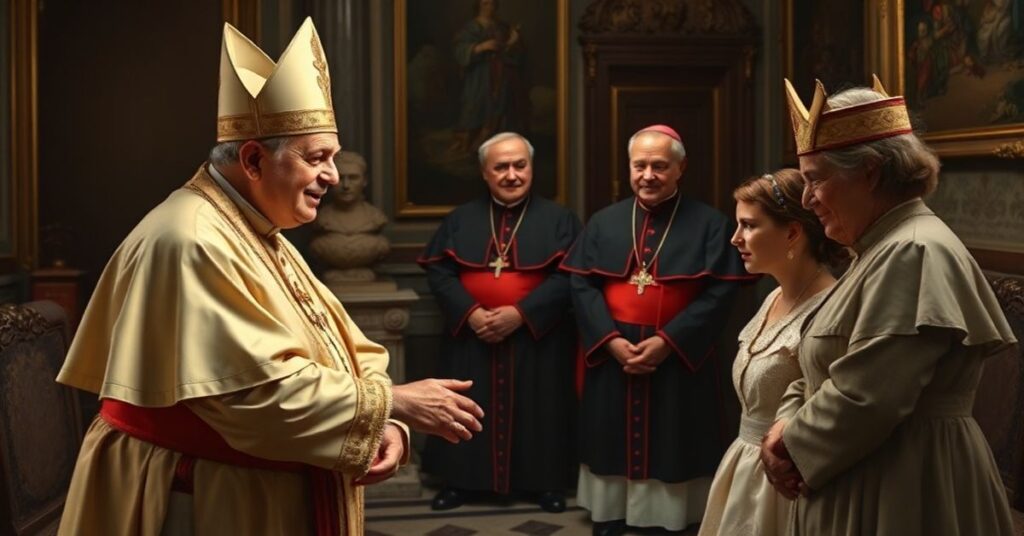 Portret antypapieża Leona XIV (Roberto Prevost) podczas spotkania z wielkim księciem Luksemburga Wilhelmem i jego córką Stephanią w Pałacu Apostolskim Watykanu. Na tle kardynał Pietro Parolin i arcybiskup Paul Gallagher obserwują spotkanie w atmosferze apostazji.