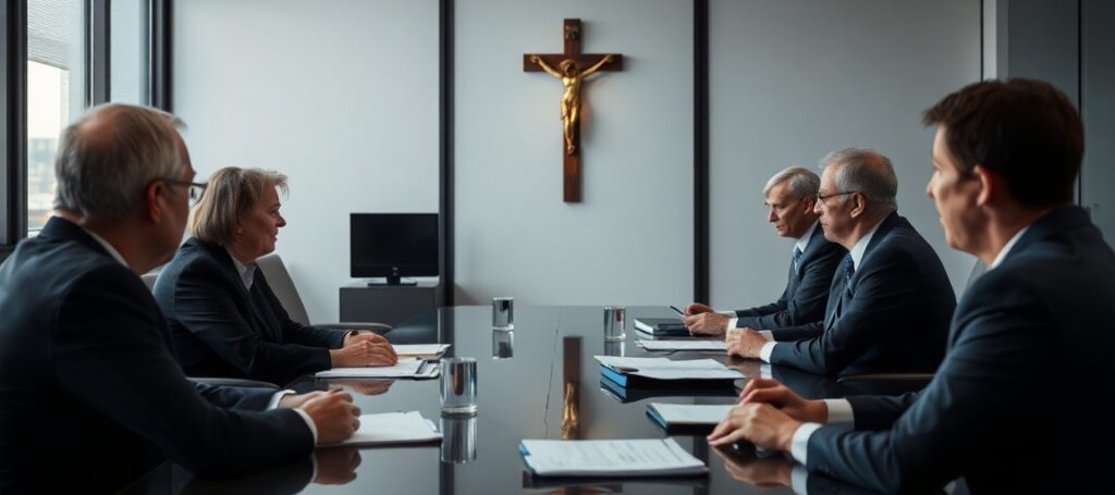 Zdjęcie przedstawiające spotkanie w biurze Europejskiego Komitetu Regionów z krzyżem na tle