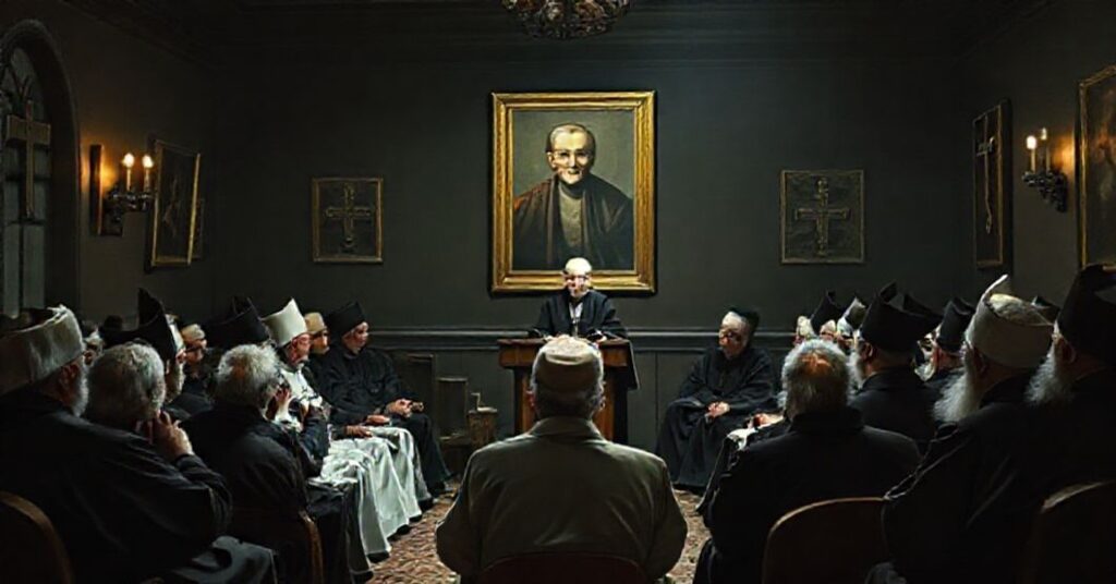 Zbieranie starszych księdzy z "Biskupa" Damiana Bryla w pokoju z nowoczesnymi elementami.