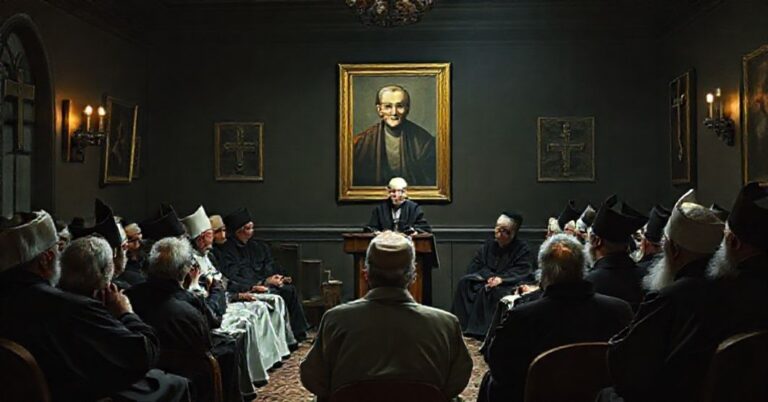 Zbieranie starszych księdzy z "Biskupa" Damiana Bryla w pokoju z nowoczesnymi elementami.