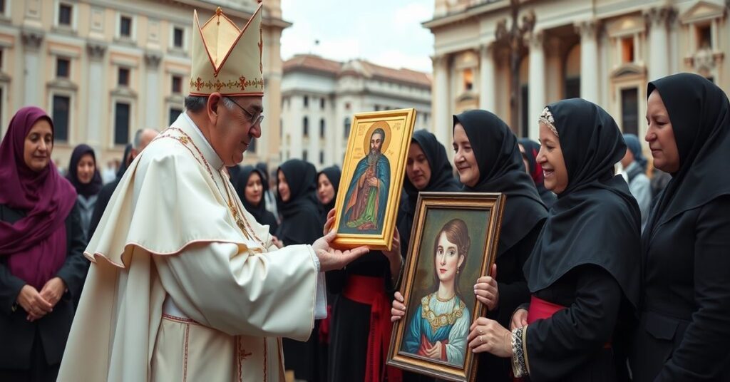Grupa ukraińskich kobiet w tradycyjnych strojach prezentujących "papieżowi" Leona XIV ambrową ikonę św. Mikołaja i obraz Anioła Stróża na tle placu św. Piotra.