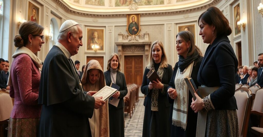 Spotkanie ukraińskich kobiet z Leonem XIV w Watykanie, ukazujące modernistyczną mistyfikację Kościoła