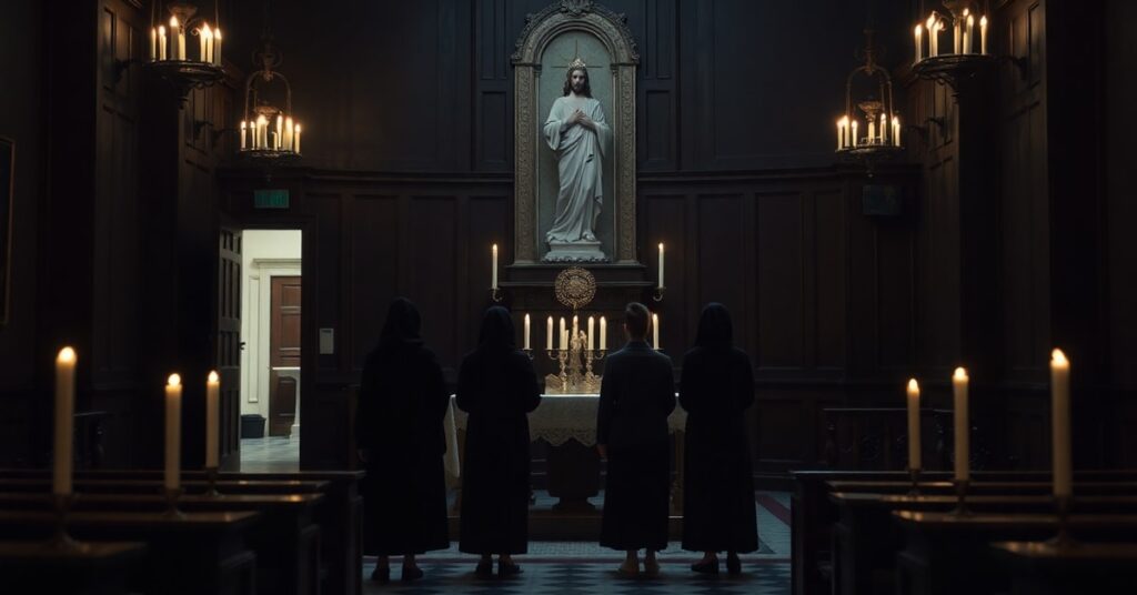 Wnętrze tradycyjnego kościoła katolickiego z ołtarzem i grupą osób modlących się przed obrazem Serca Pana Jezusa. Scena nawiązuje do tematu nadużyć w Kościele i braku Chrystusa w nowoczesnych strukturach kościelnych.