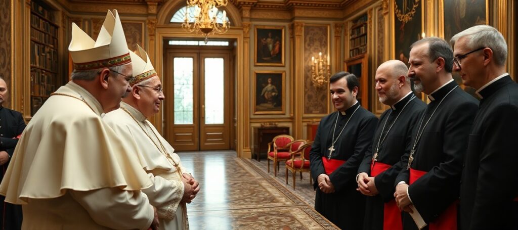 Spotkanie z uzurpatorem Leonem XIV w Bibliotece Pałacu Apostolskiego. Arcybiskup Henryk Jagodziński i księża Jan Zwierzchowski oraz Piotr Rojewski z diecezji kieleckiej w rozmowie z fałszywym papieżem.