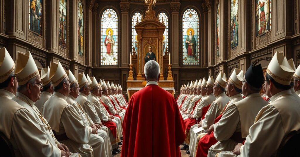 Hiszpańscy biskupi podczas uroczystego spotkania z "papieżem" Leonem XIV w katedrze