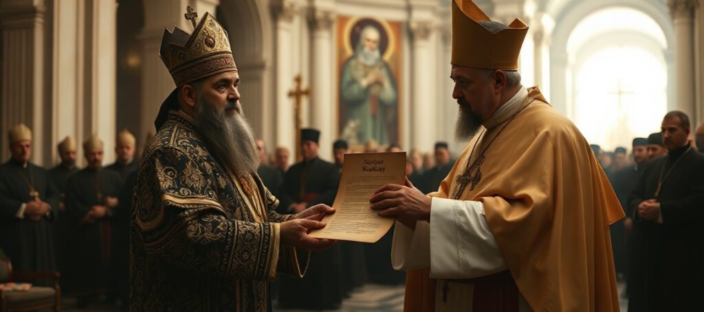 Scena przedstawiająca spotkanie patriarchy ormiańskiego Arama I z uzurpatorem Leona XIV w Watykanie. Przedstawiono fałszywą jedność ekumeniczną bez nawrócenia.