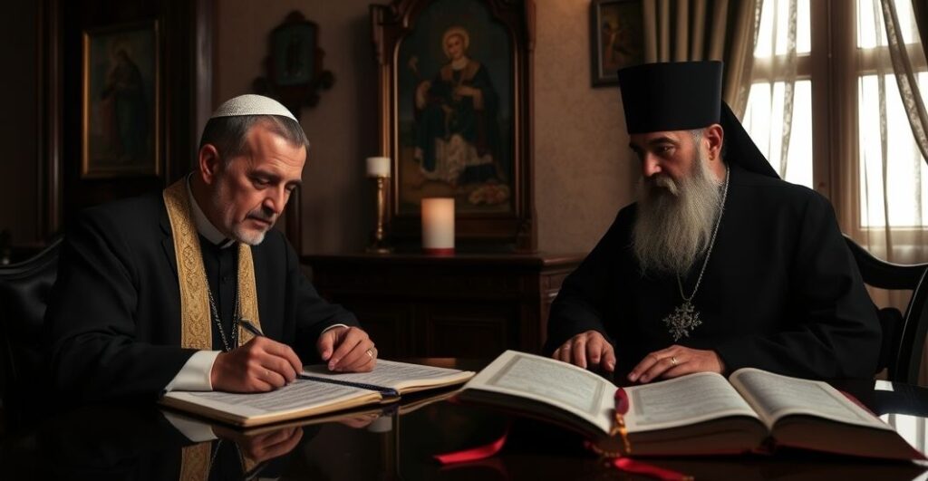 Obraz przedstawiający spotkanie prezydenta syryjskiego z schizmatyckim patriarchą greckokatolickim w Damaszku, symbolizujące synkretyzm i fałszywe pokój w obliczu prawdziwej wiary katolickiej.