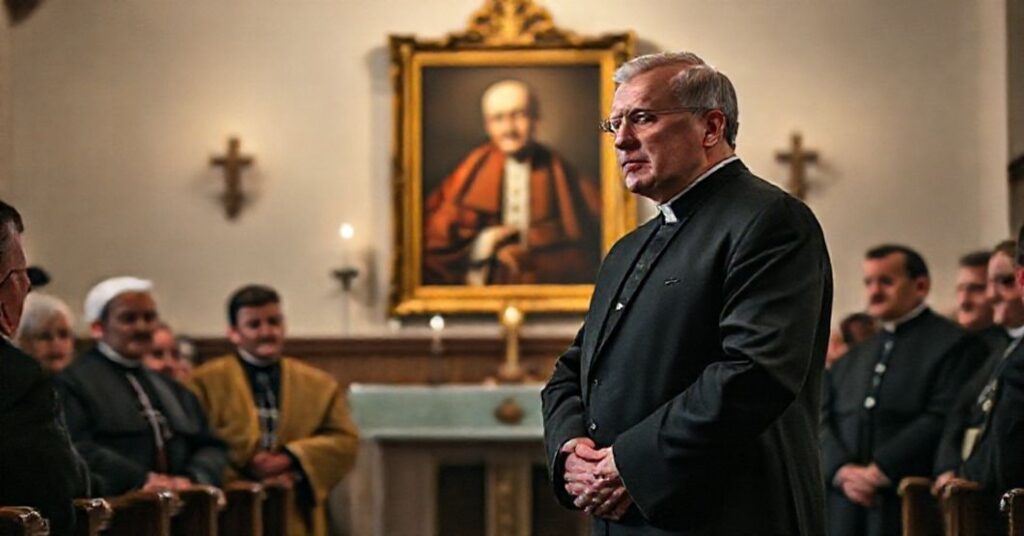 Władysław Teofil Bartoszewski w kościele z grupą katolików, dyskutujący o instrumentalizowaniu cierpienia Żydów przez Jad Waszem