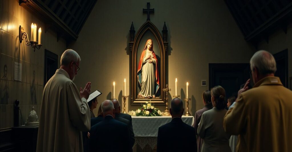 Kaplica na dworcu kolejowym z kapelanem Janem Kleszczem słuchającym spowiedzi w obecności kontrowersyjnej monstrancji.