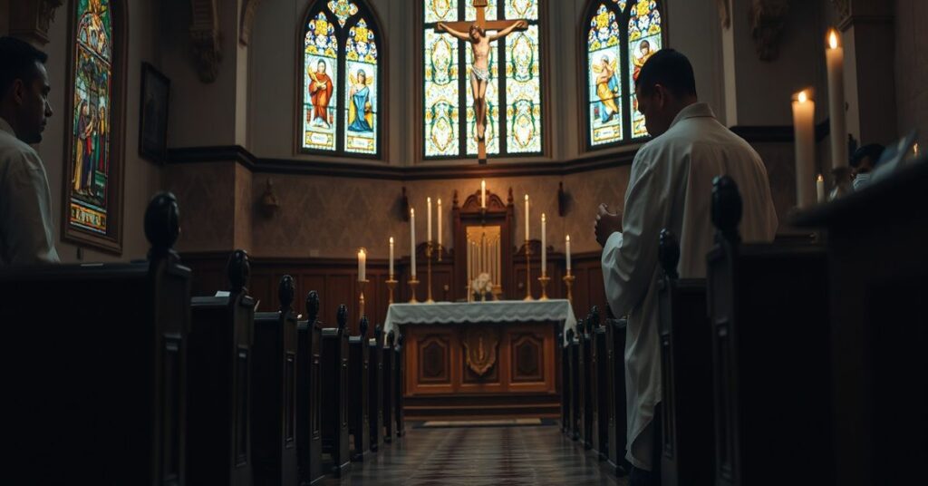 Młody Kolumbijczyk w tradycyjnym kościele katolickim podczas spowiedzi z księdzem