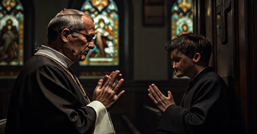 Tradycyjny ksiądz w konfesjonale z młodym mężczyzną szukającym wyznania grzechów