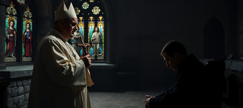 Tradycyjny kapłan w spowiedzi z penitencjantem w ciemnym kościele gotyckim