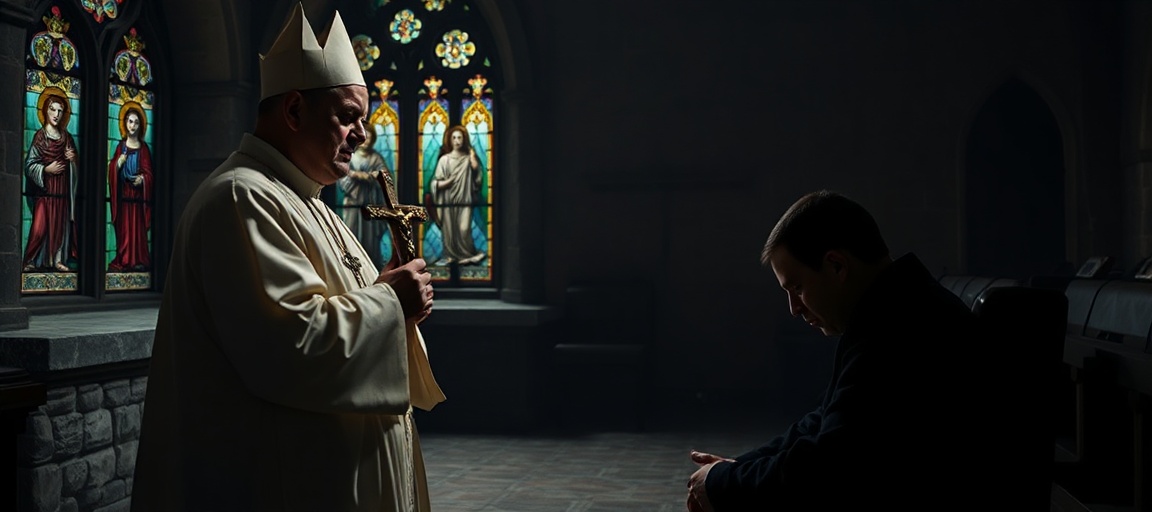 Tradycyjny kapłan w spowiedzi z penitencjantem w ciemnym kościele gotyckim