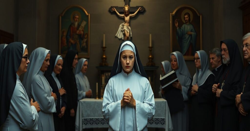 Grupa konsekrowanych w tradycyjnym stroju religijnym w kaplicy z młodą zakonnicą i starszym mnichem trzymającym koszulkę sportową.