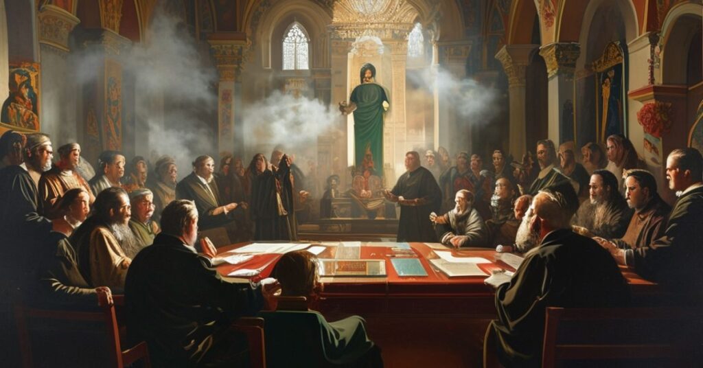 Sobór katolicki z tradycyjną dekoracją religijną na tle spotkania dyplomatycznego w sprawie Grenlandii.